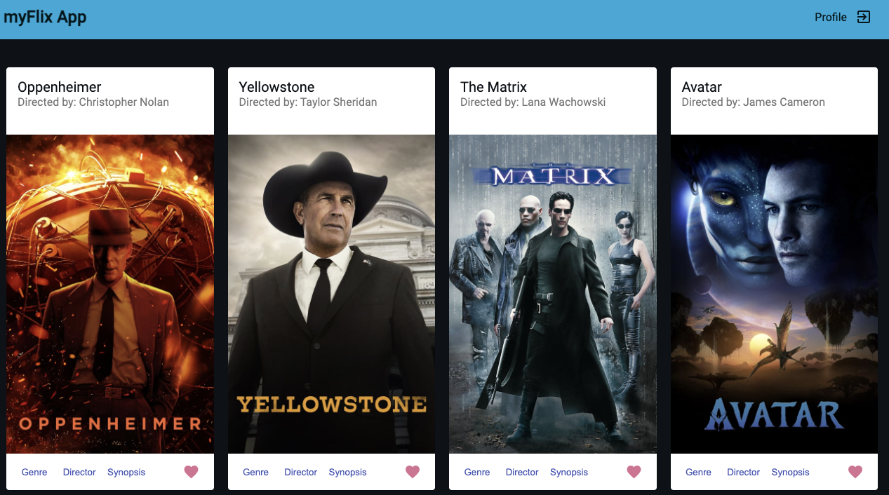 Screenshot of the Angular version of the myFlix-client app's movie list view, showing a user's favorite movies